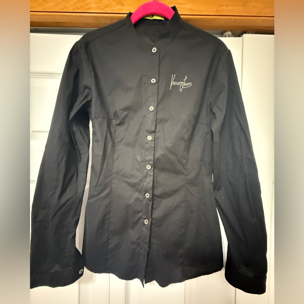 Versace Jeans Black Shirt with Yellow Label and Blue Logo Sz 4